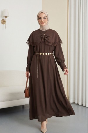 Dantel Detaylı Pelerinli Kemerli Astarlı İthal İbiza Elbise -Kahve