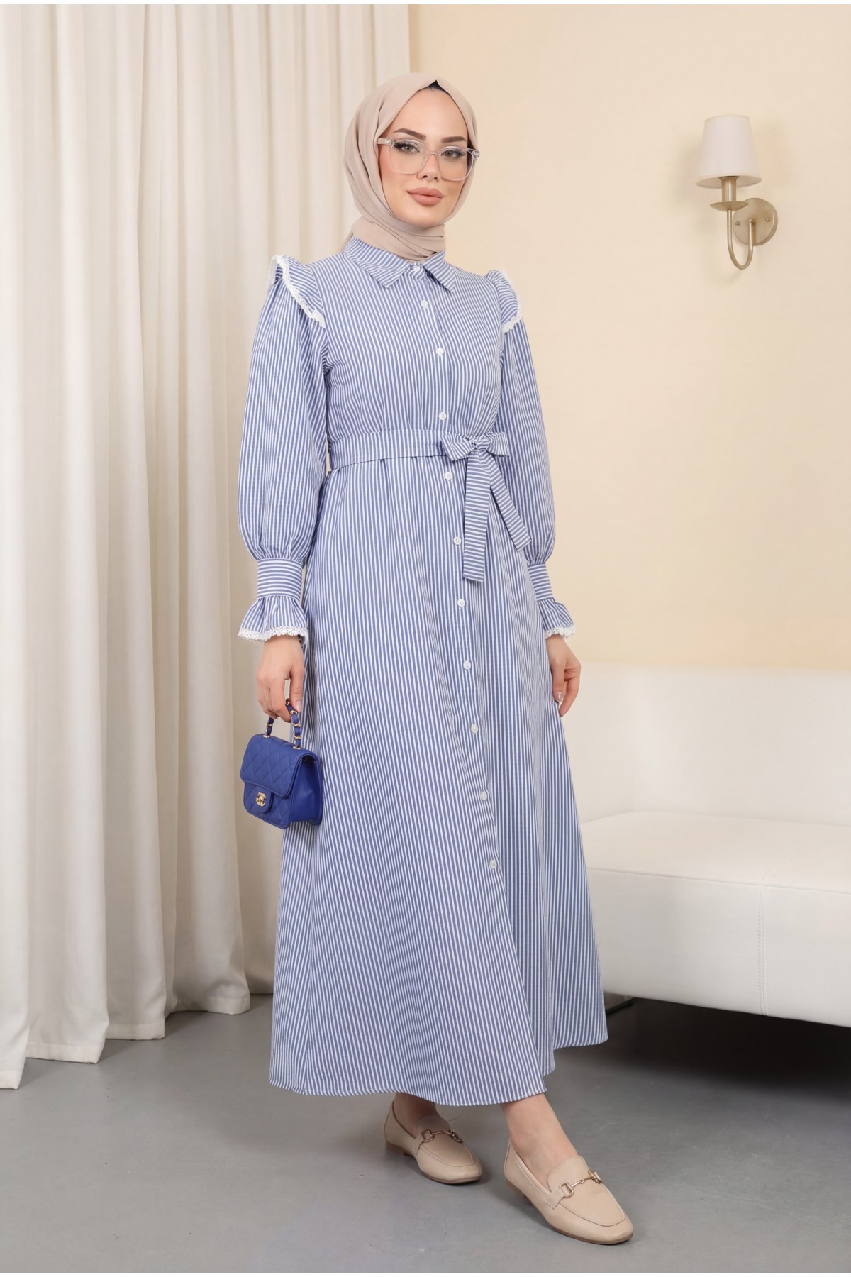 Buttoned Front Lace Detailed Belted Dress -İndigo