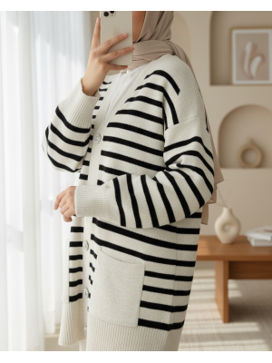 Çift Cepli Çizgili Triko Hırka  -Taş