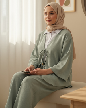 Önü Çift Bağlamalı Pantolonlu Kimono Takım  -Mint