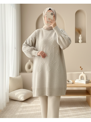 Round Neck Embossed Patterned Slit Knitwear Sweater -Ecru