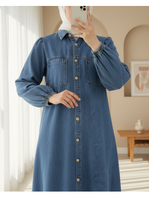 Boydan Düğmeli Kolu Lastikli Cepli Kot Elbise   -Buz Mavi