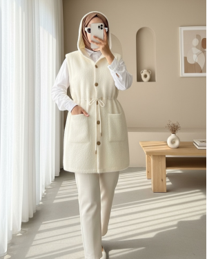 سترة ملتحية بغطاء رأس وجيب ورباط على الخصر -أبيض سكري