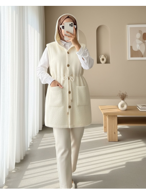 Kapşonlu Cepli Beli Bağlamalı Sakallı Yelek -Ekru