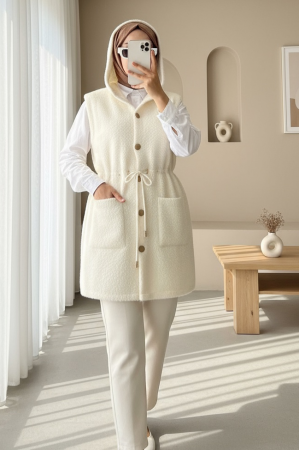 Kapşonlu Cepli Beli Bağlamalı Sakallı Yelek -Ekru