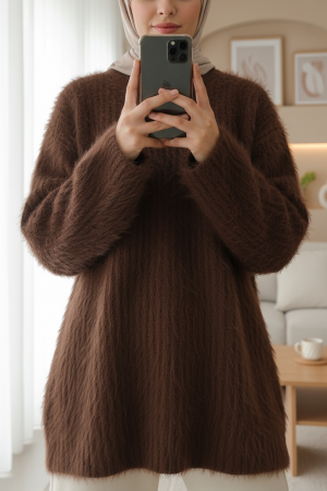 Round Neck Bearded Knit Sweater -Brown