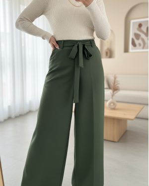 Beli Lastikli Bağlamalı  Bol Paça Pantolon  -Haki