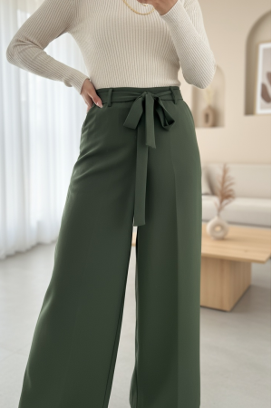 Beli Lastikli Bağlamalı  Bol Paça Pantolon  -Haki
