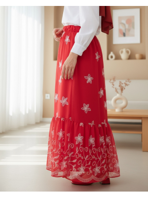 8010 Desenli Şifon Etek - A.Kırmızı