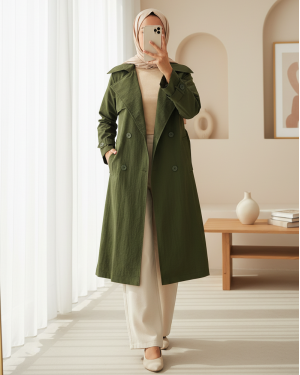 5938 Kruvaze Yaka Trençkot - Haki