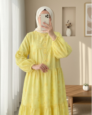 Half Buttoned Jacquard Printed Piece Dress with Elastic Sleeves -Yellow