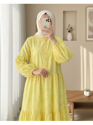 Half Buttoned Jacquard Printed Piece Dress with Elastic Sleeves -Yellow