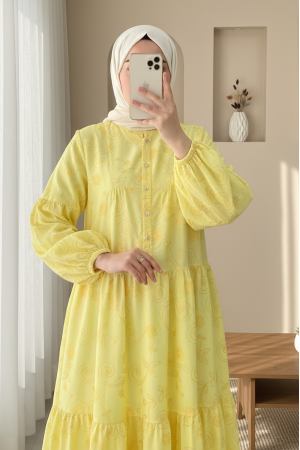 Half Buttoned Jacquard Printed Piece Dress with Elastic Sleeves -Yellow