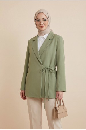 Yandan Bağcıklı Arkası Yırtmaçlı Astarlı Double Krep Ceket -Çağla Y.
