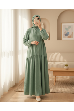 فستان أيروبين قطني نصف أزرار مع ياقة جد -بحري