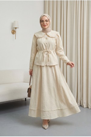 Peter Pan Collar, Lace-Up Buttoned Skirt, Lined Linen Set- Beige