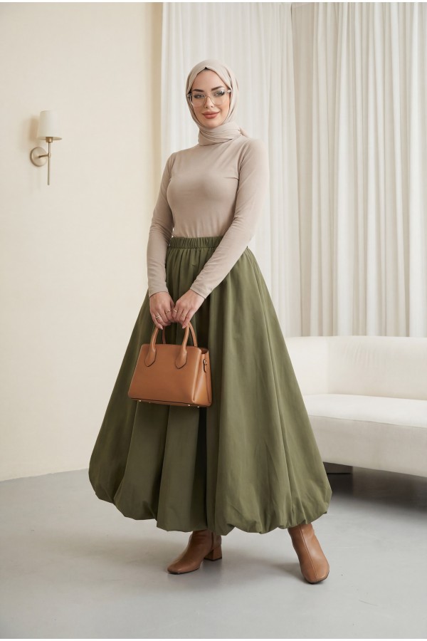 Lined Poplin Balloon Skirt with Elastic Waistband -Khaki