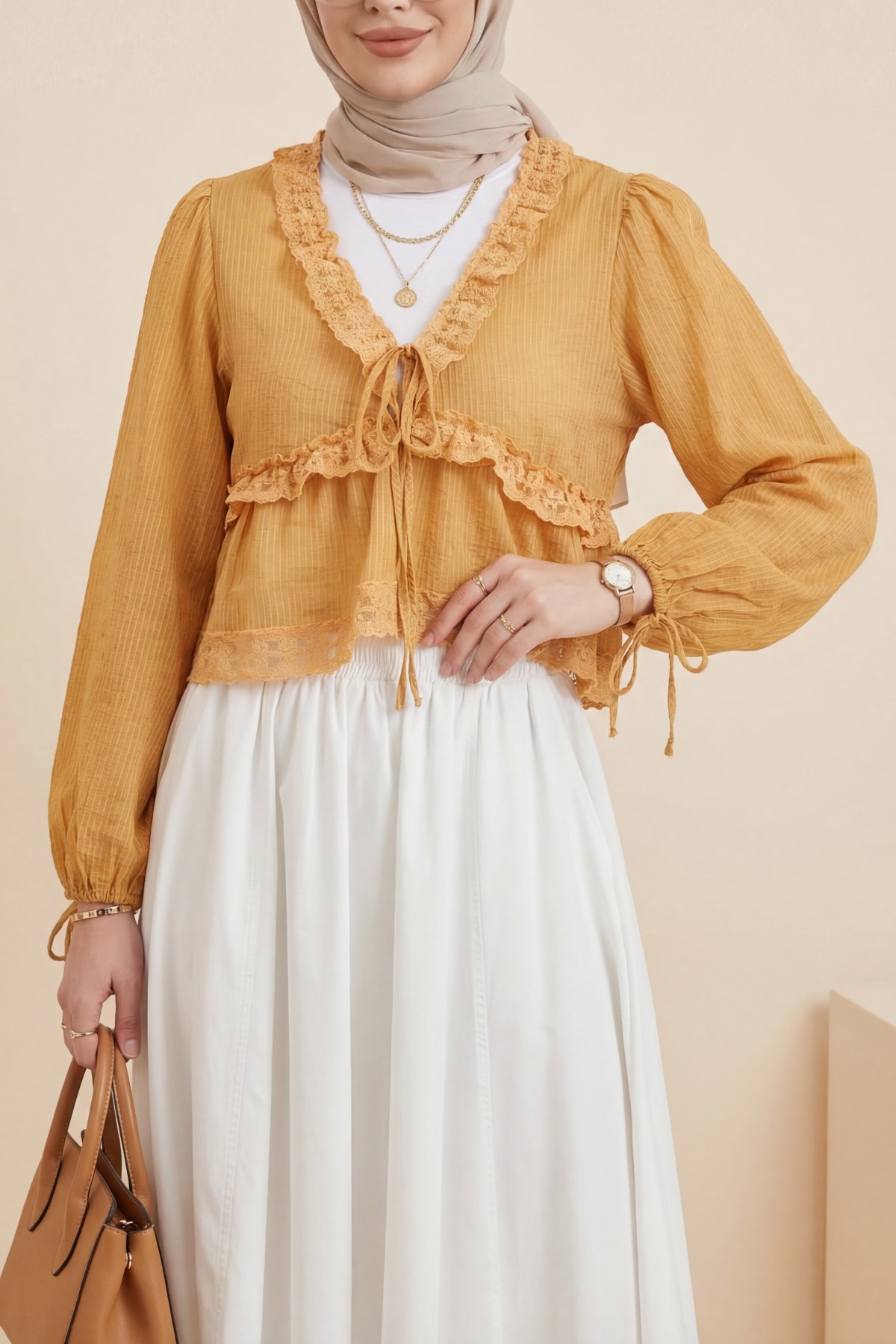 Ruffle Detail V-Neck Semi-Transparent Blouse -Orange