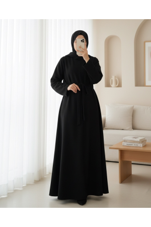 فستان سيلانيك طويل ذو خصر منسدل ودانتيل  مزدوج -أسود