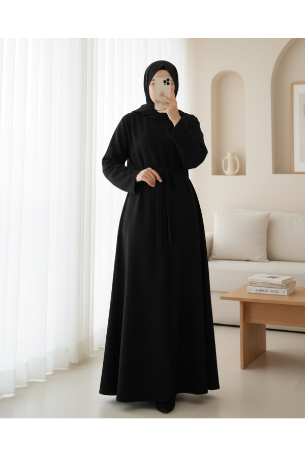 Draped  Waist Double Laced Selanik Long Dress -Black