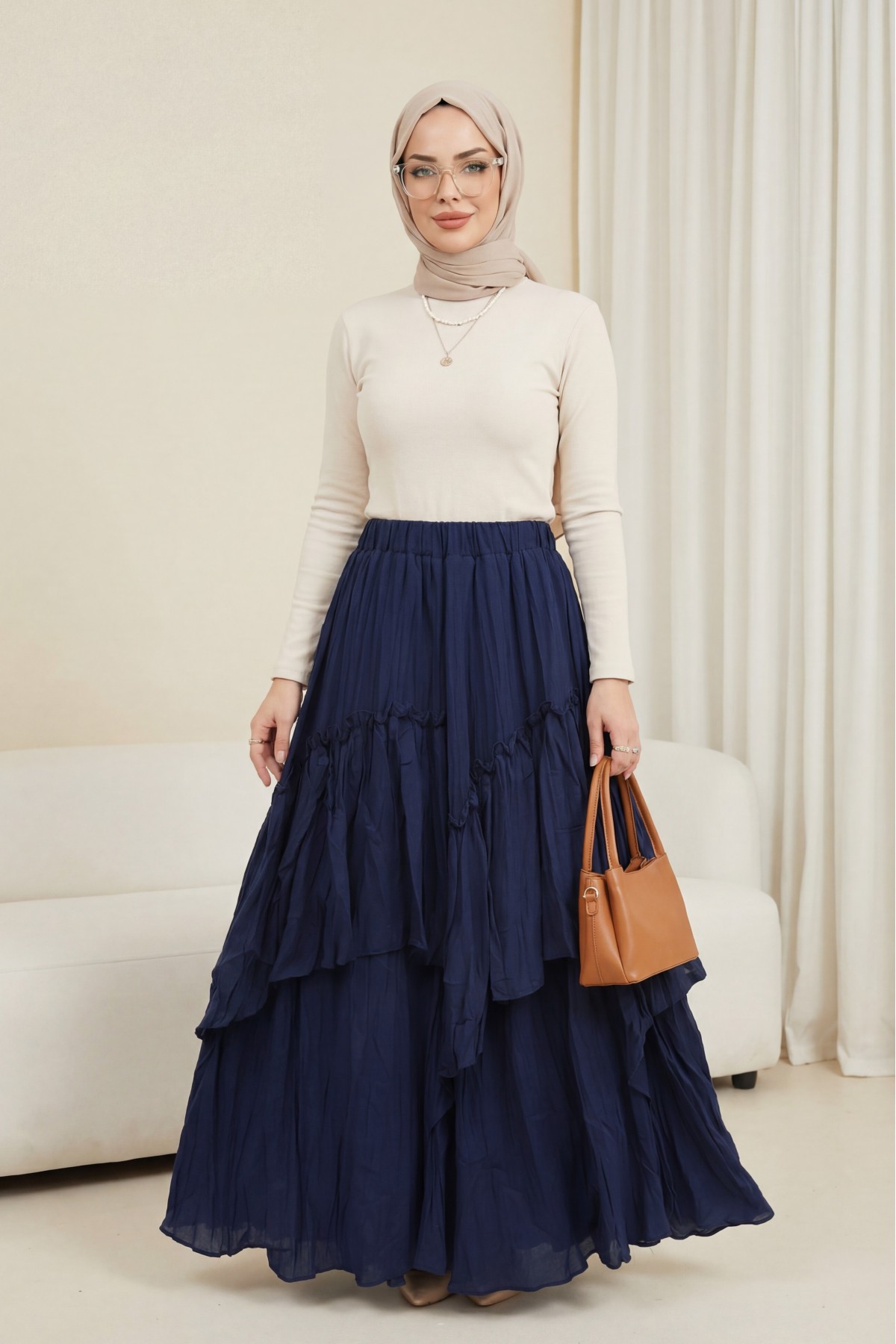 Elasticated Waist Linen Voile Layered Skirt -Navy blue