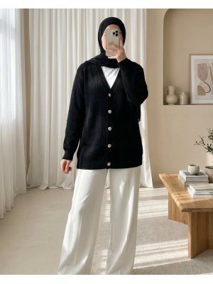 Önü Düğmeli Sakallı Salaş Triko Hırka -Siyah