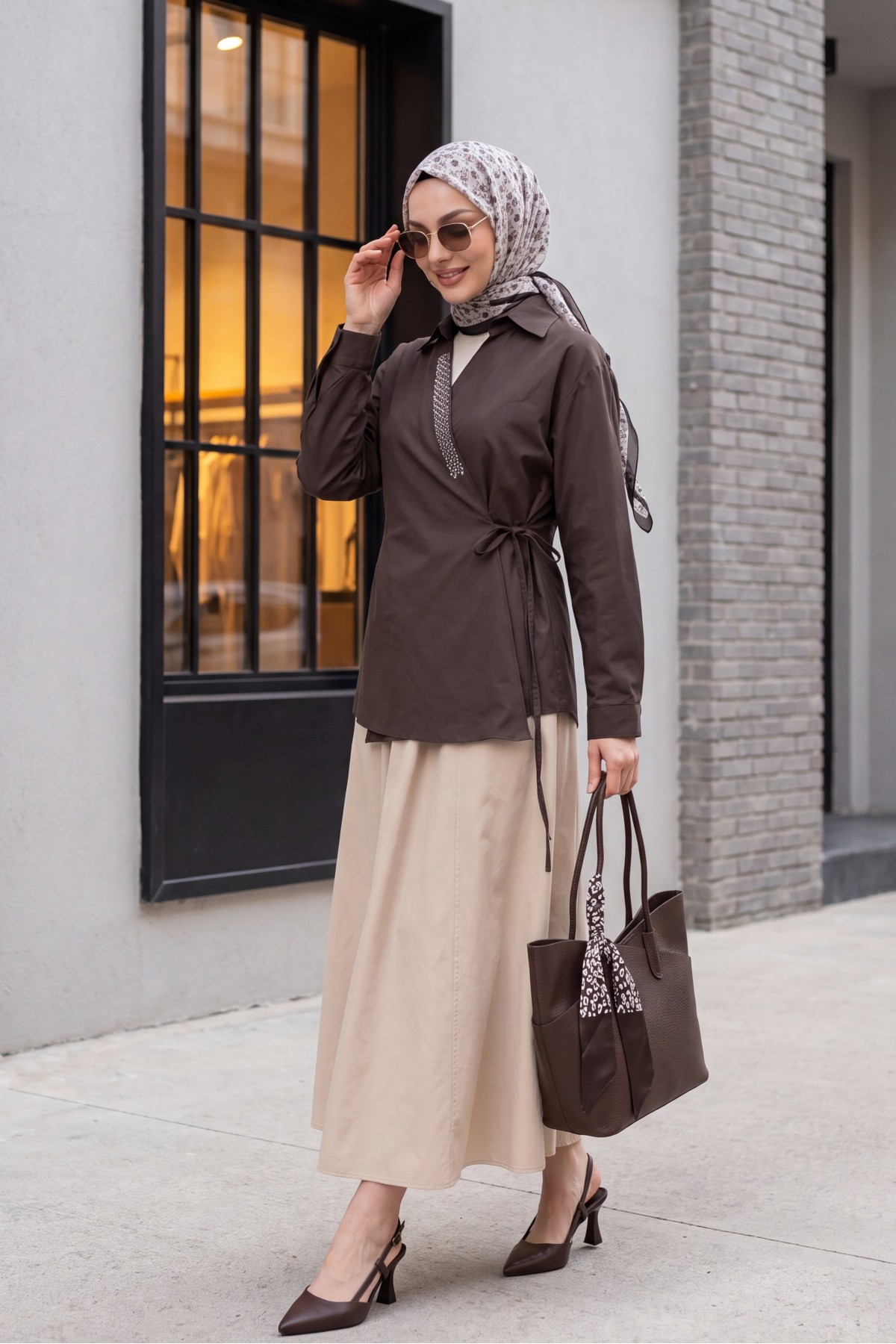 Side-Tie Poplin Shirt with Stone Detail and Wrap Collar -Dark Coffee