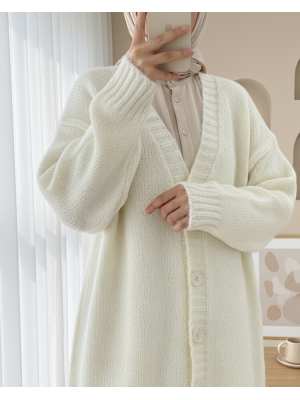 Önü  Düğmeli Örme Triko Hırka  -Ekru