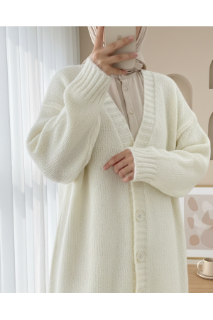 Önü  Düğmeli Örme Triko Hırka  -Ekru