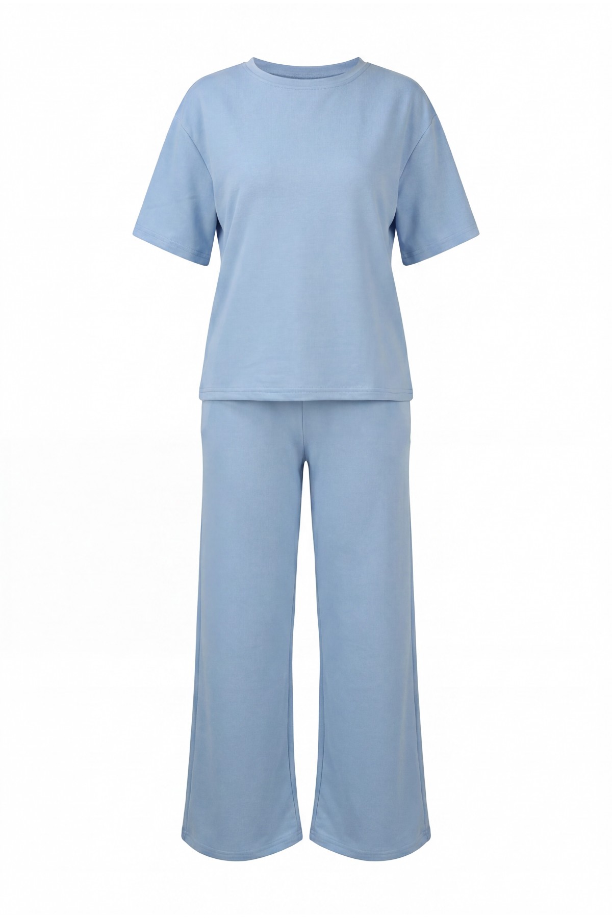 Crew Neck Short Sleeve Trousers with Pockets and Drawstring Waist Oysho Set -Baby Blue