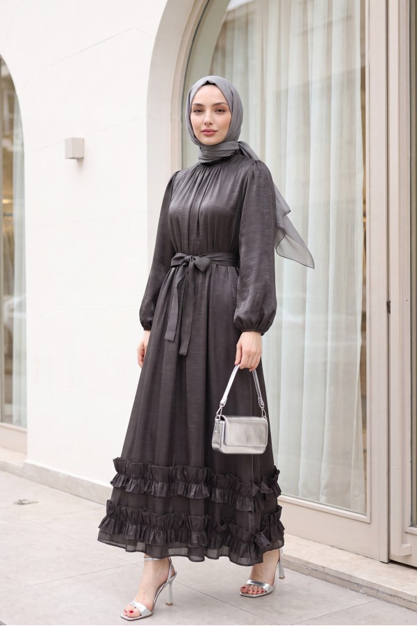 Long dress with ruffled neckline and hem, elasticated sleeves, crinkle crepe lining. -Black