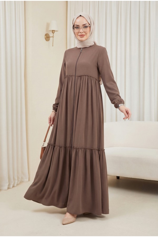 Parted Elastic Sleeve Full Zip Abaya - Soil