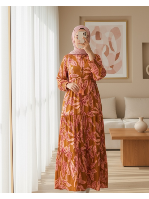 2145 Desenli Tesettür Elbise - Taba