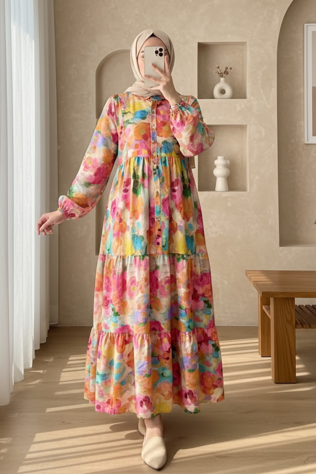 Mixed Pattern Half Buttoned Elastic Sleeve Dress -Orange