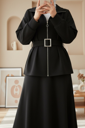 Beli Katlamalı Önü Fermuarlı Kemerli Etekli Penye Takım  -Siyah