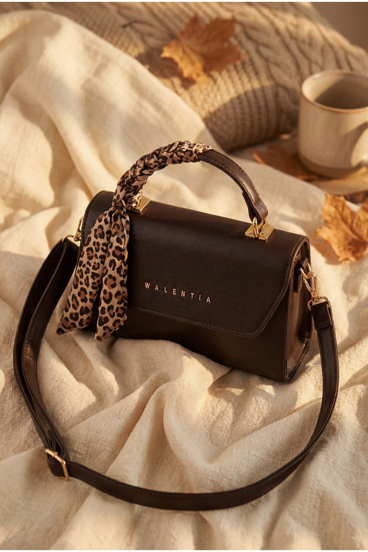 Magnetic Closure Shoulder Bag with Scarf -Dark Coffee