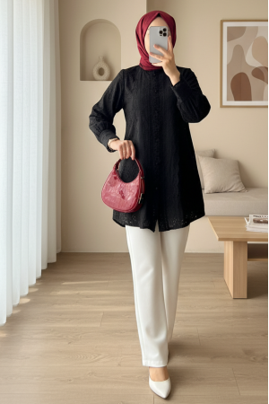 Yakası Ve Kolu Dantelli Top Düğmeli Astarlı Gömlek -Siyah