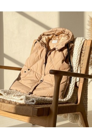 Sabit Kapşonlu Çıtçıtlı Fermuarlı Şişme Yelek -Taş