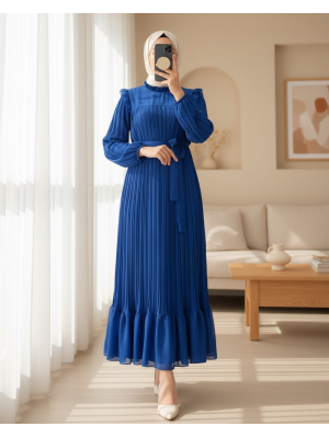 فستان بأكمام رداء أمامي وطيات      -أزرق