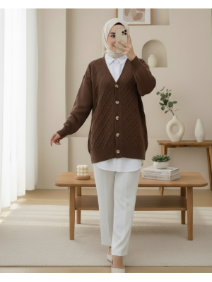 V Yaka Büyük Düğmeli Desenli Triko Hırka -Kahve