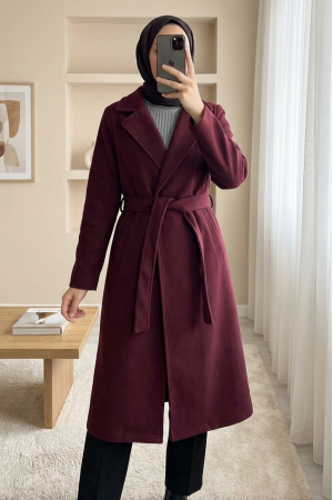 9118 Kruvaze Yaka Kaşe Kaban - Bordo