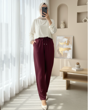 Çift Cepli Beli Lastikli Bağcık Detaylı Pantolon  -Bordo