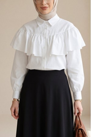 Önü Ve Omuzu Fırfır Detaylı Poplin Gömlek Bluz -Beyaz