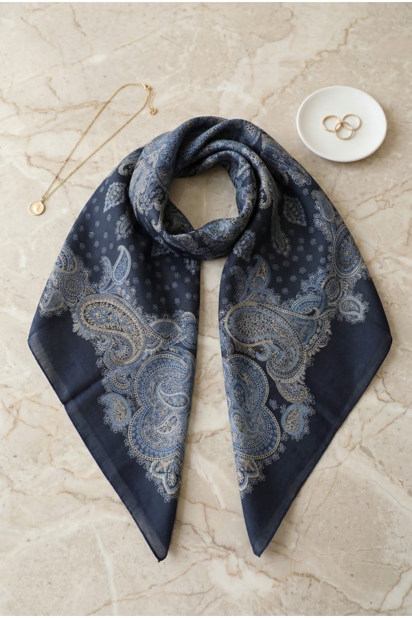 Crisp Pattern Cotton Scarf -İndigo