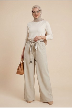 Bol Paça Beli Lastikli Kemerli Cepli Keten Pantolon  -Krem