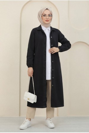 Denim Cap with Elastic Sleeves and Buttons   -Black