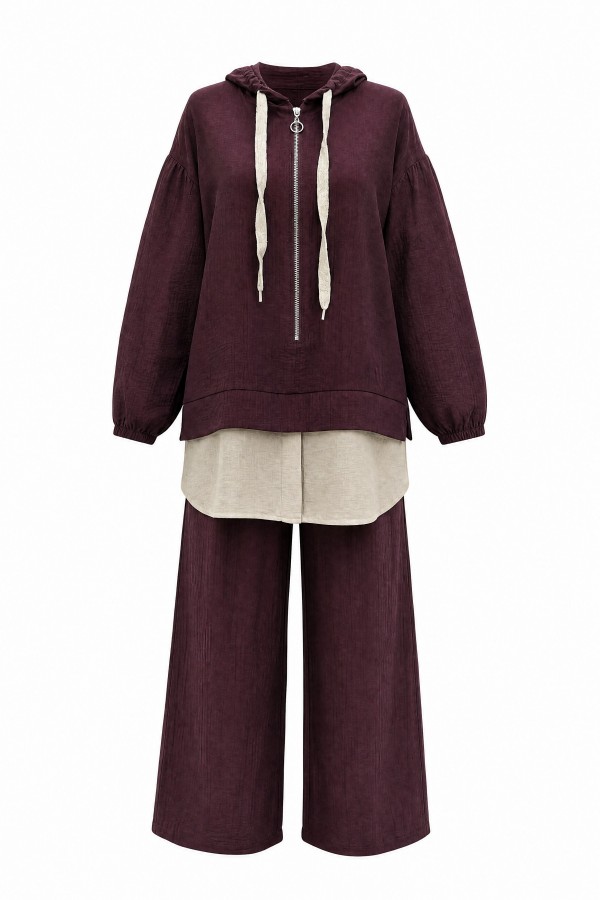 Strawberry Set with Half-Zip Hooded Sweatshirt, Elasticated Cuffs, and Wide-Leg Pants -Damson
