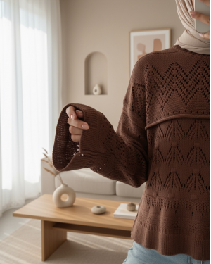 Openwork Pompom Long Sleeve Knitwear Sweater -Brown