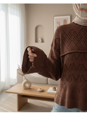 Ajurlu Ponponlu Uzun Kol Triko Kazak -Kahve