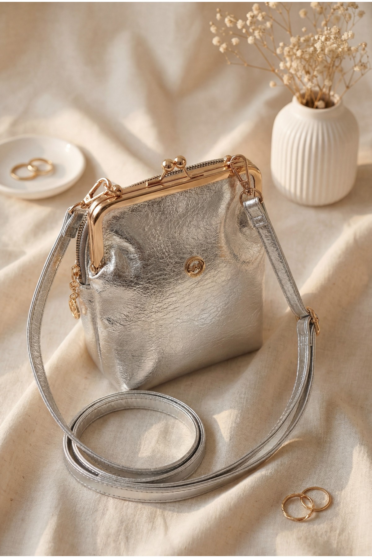 Vintage Clip-Closure Upright Design Crossbody Bag  -Silver